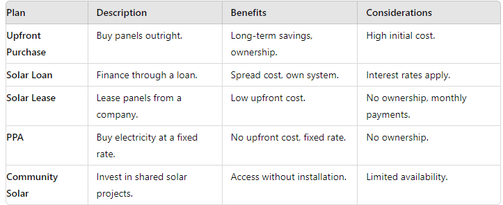 Solar Panel Investment Plan  Make a table for me

